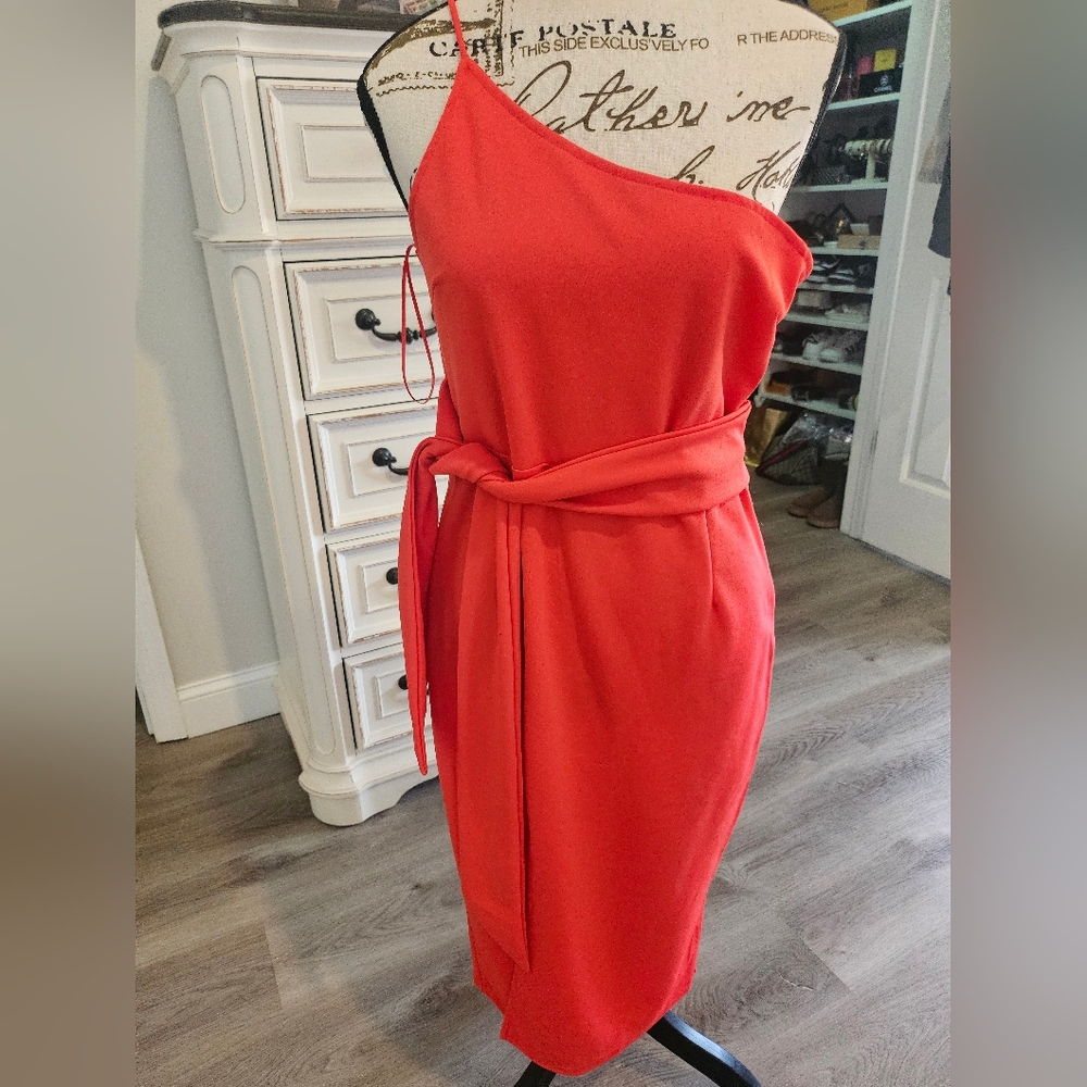 Asymmetrical One-Shoulder Tie-Waist Dress in Coral Red